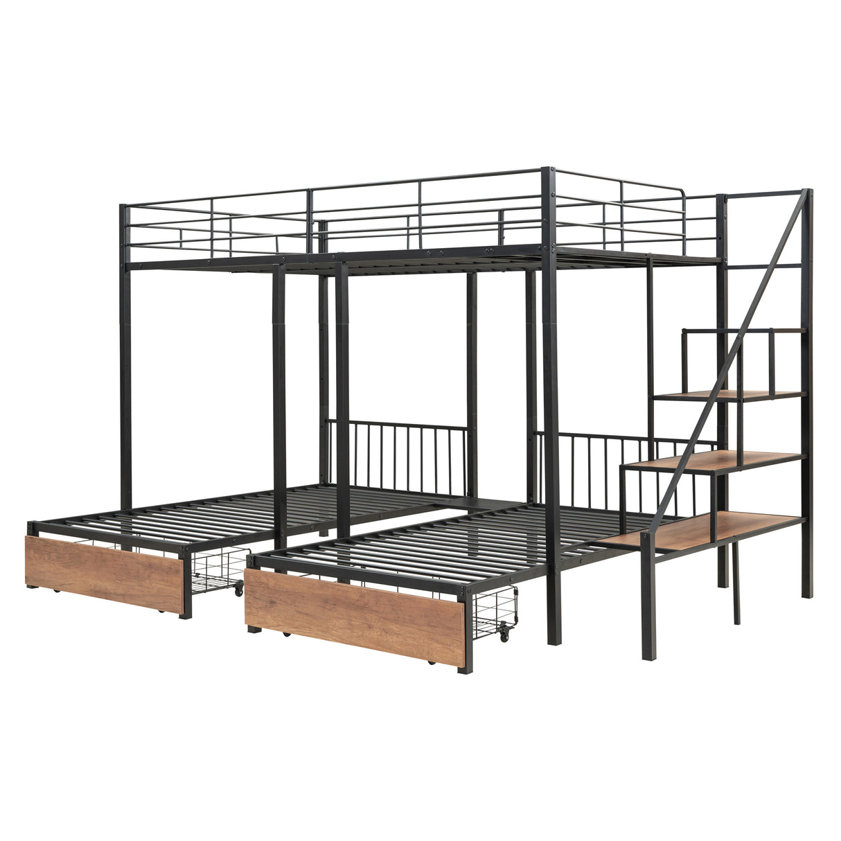 Full over Twin-Twin Triple bunk bed with drawers and staircase, Black