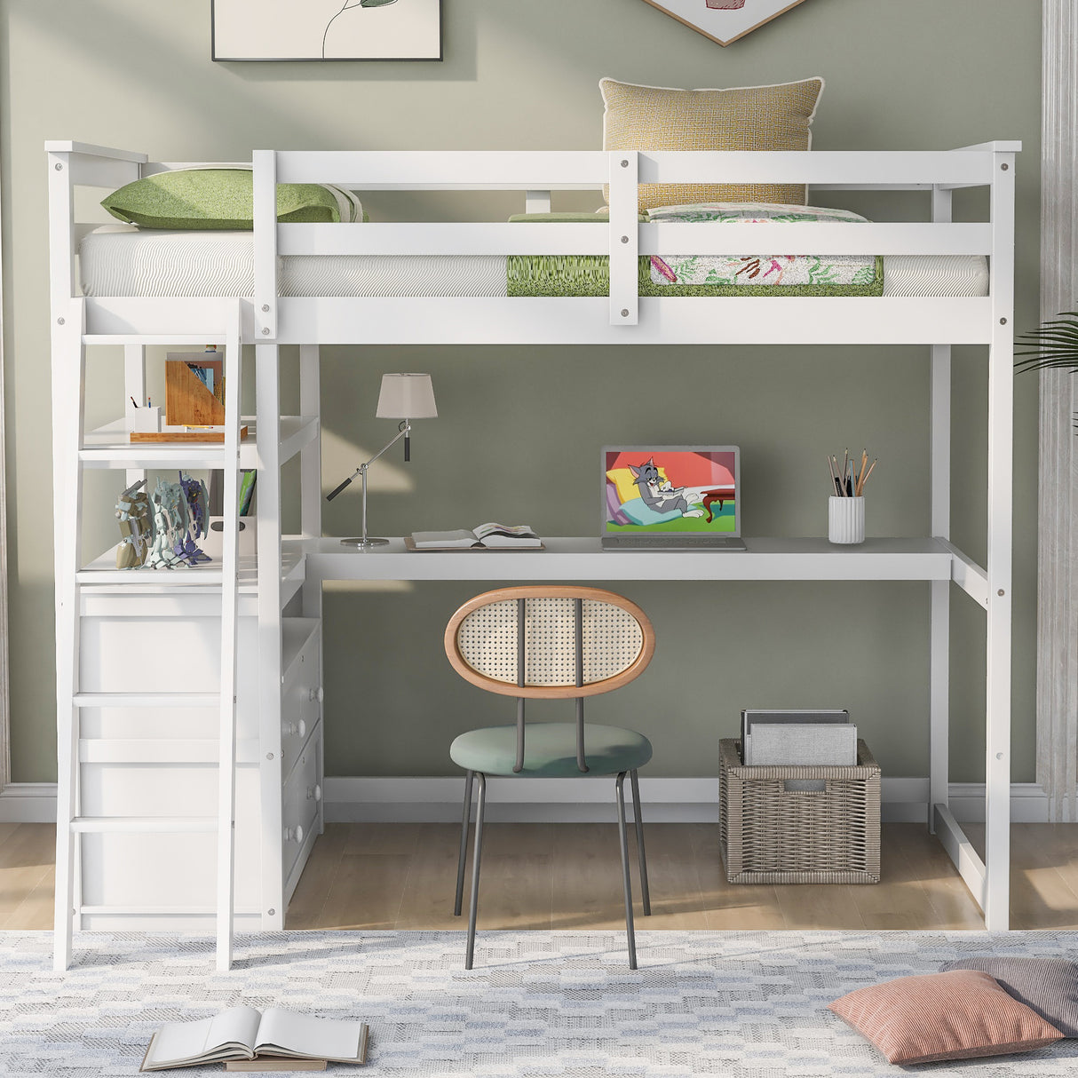 Twin Size Loft Bed with Desk and Shelves, Two Built-in Drawers, White (old SKU: GX000803AAK-1） - Home Elegance USA