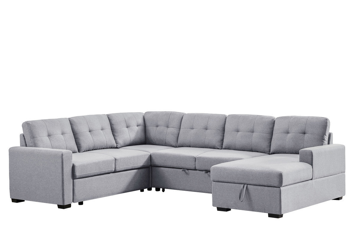 Selene Light Gray Linen Fabric Sleeper Sectional Sofa with Storage Chaise - Home Elegance USA