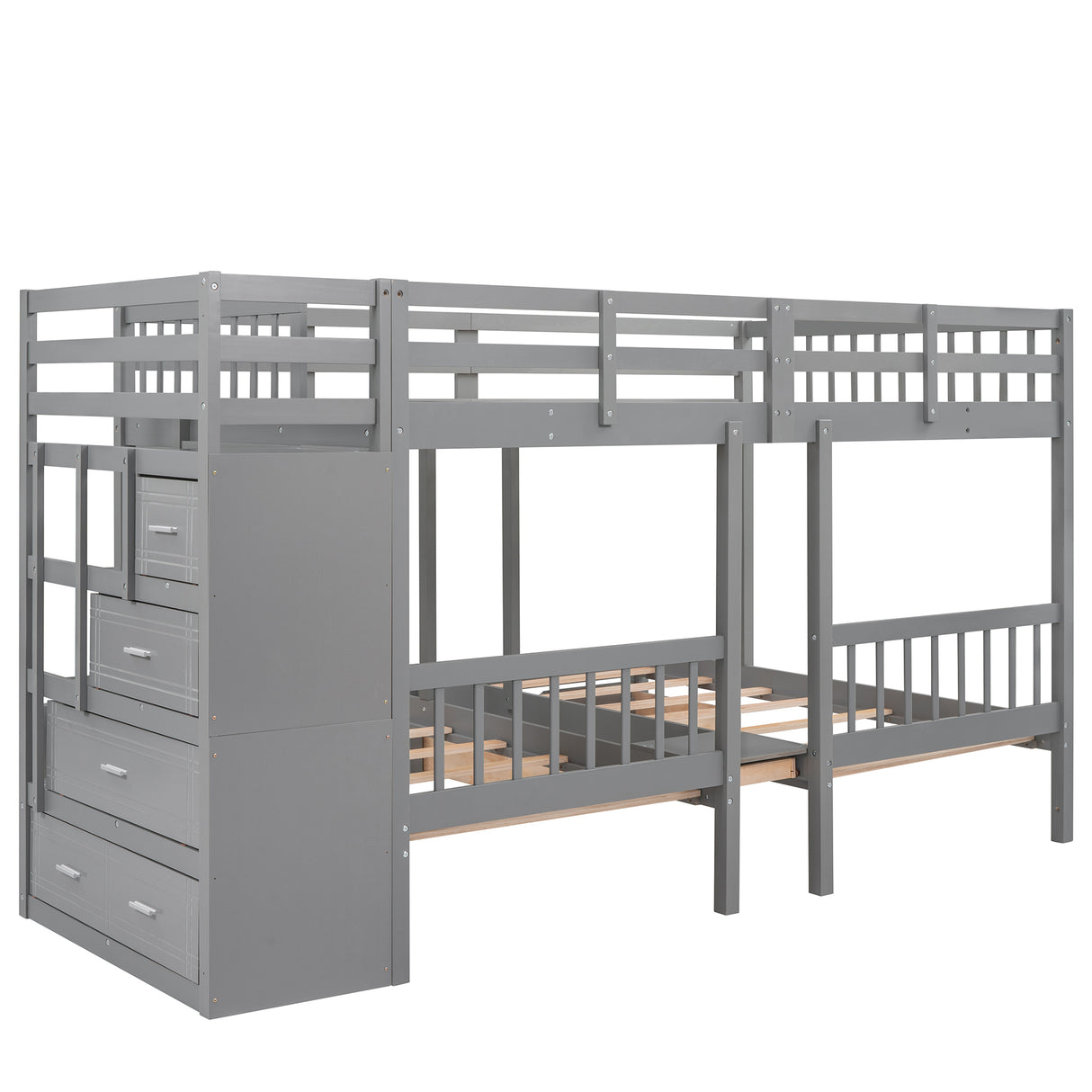 Full Over Twin & Twin Bunk Bed, Wood Triple Bunk Bed with Drawers and Guardrails (Gray) Home Elegance USA