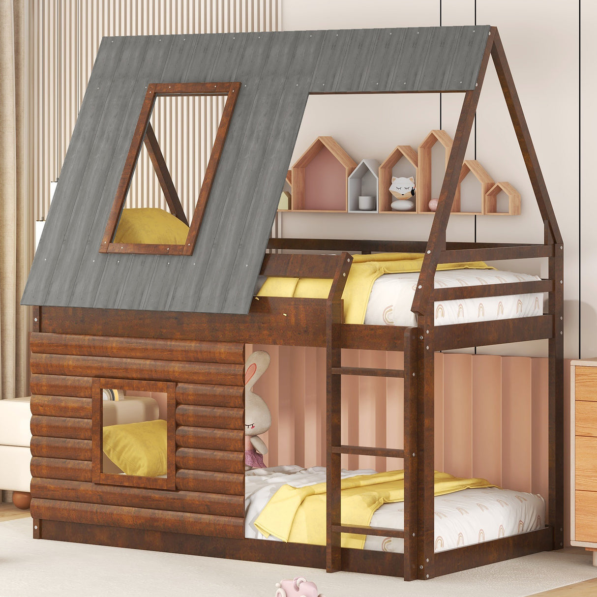 Wood Twin Size House Bunk Bed with Roof, Ladder and 2 Windows, Oak & Smoky Grey(Expected Arrival Time: 8.2) - Home Elegance USA