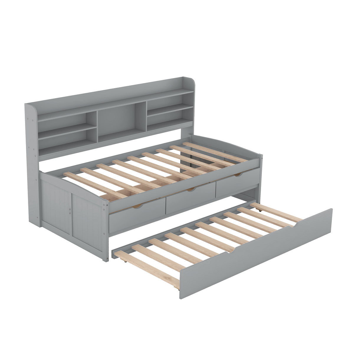 Twin Size Wooden Captain Bed with Built-in Bookshelves,Three Storage Drawers and Trundle,Light Grey - Home Elegance USA