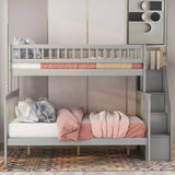 Twin over Full Stairway Bunk Bed with Storage, Gray - Home Elegance USA