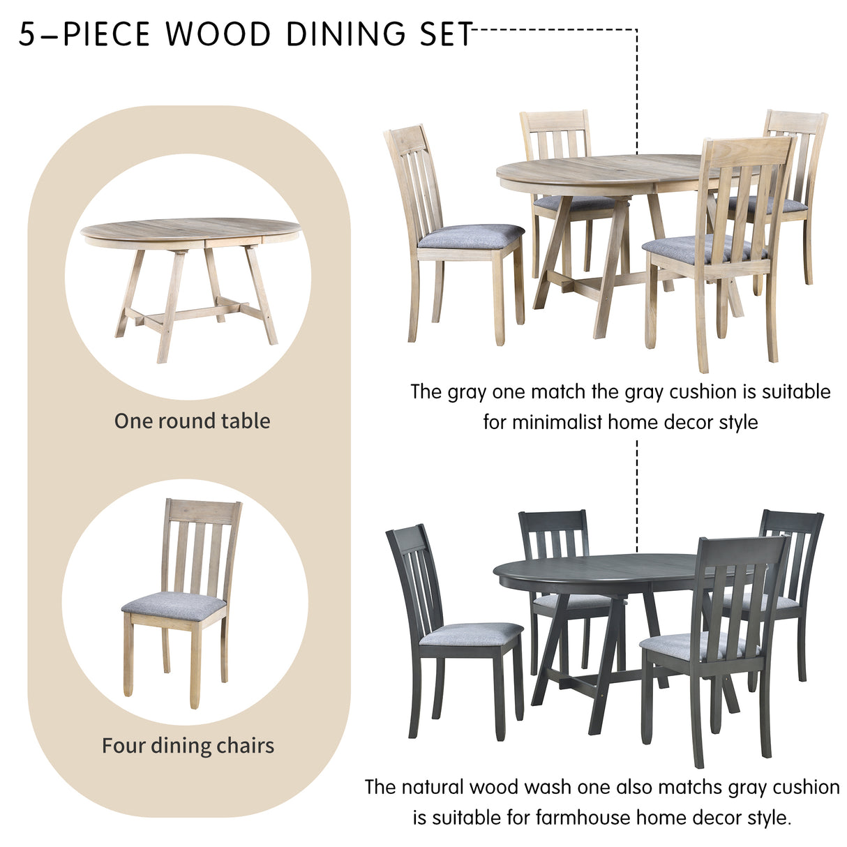 TREXM 5-Piece Wood Dining Table Set Round Extendable Dining Table with 4 Dining Chairs, Dining Room Table Set for 4 person for Dining Room (Natural Wood Wash) - Home Elegance USA