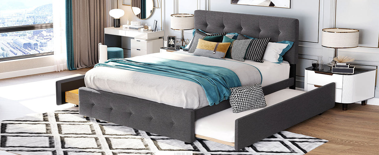 Upholstered Platform Bed with 2 Drawers and 1 Twin XL Trundle,  Linen Fabric, Queen Size - Dark Gray(OLD SKU :LP000314AAE) - Home Elegance USA