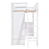 Twin Size Loft Bed with Wardrobe and Drawers, attached Desk with Shelves, White - Home Elegance USA