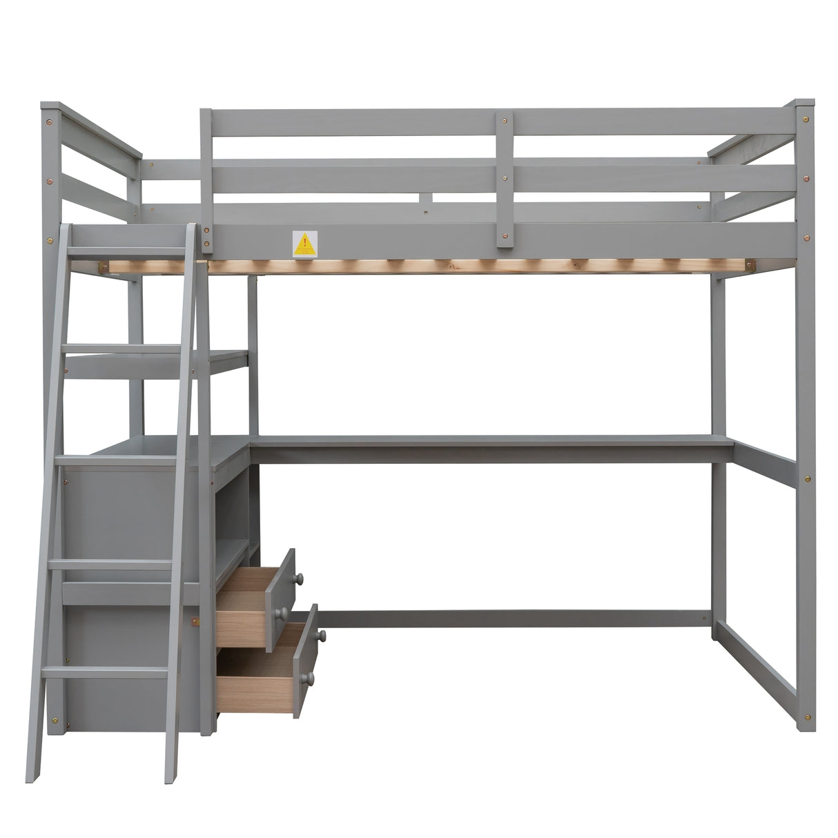 Full Size Loft Bed with Desk and Shelves,Two Built-in Drawers,Gray - Home Elegance USA