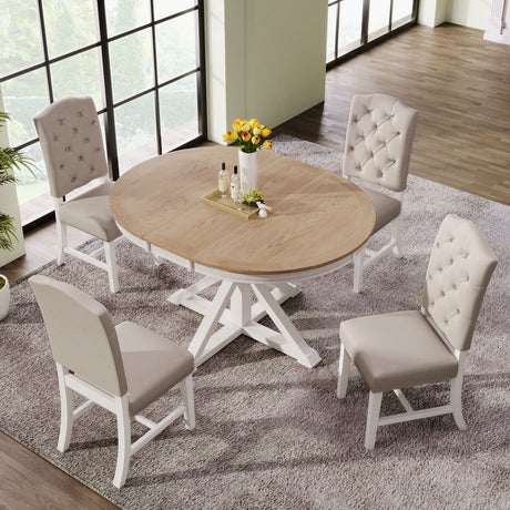 TREXM Functional Furniture Retro Style Dining Table Set with Extendable Table and 4 Upholstered Chairs for Dining Room and Living Room (Oak Natural Wood + Off White)