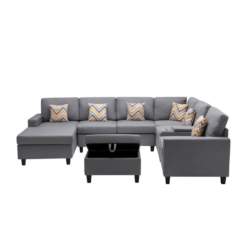 Nolan Gray Linen Fabric 8Pc Reversible Chaise Sectional Sofa with Interchangeable Legs, Pillows, Storage Ottoman, and a USB, Charging Ports, Cupholders, Storage Console Table - Home Elegance USA