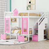 Full-Over-Full Bunk Bed with Changeable Table, Bunk Bed Turn into Upper Bed and Down Desk -Pink - Home Elegance USA