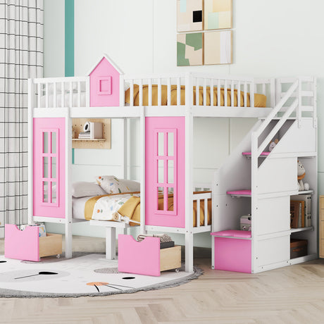 Full-Over-Full Bunk Bed with Changeable Table, Bunk Bed Turn into Upper Bed and Down Desk -Pink - Home Elegance USA