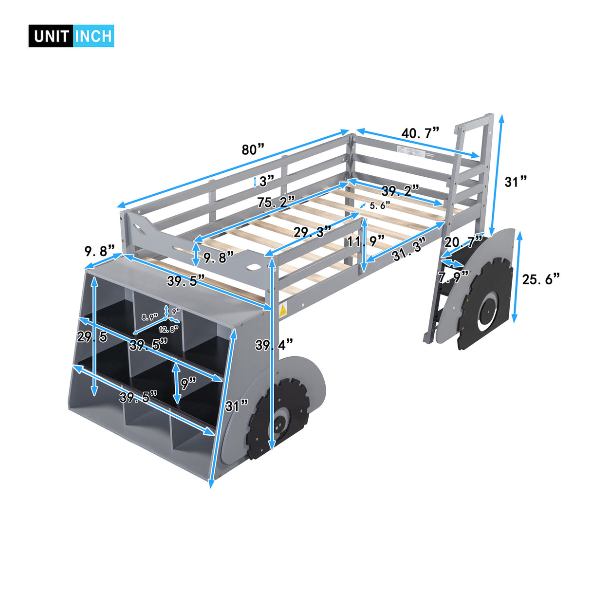 Twin Size Forklift Car-Shaped Loft Bed with Storage Shelves,Gray - Home Elegance USA