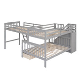 Twin over Full L-Shaped Bunk Bed With 3 Drawers, Ladder and Staircase - Gray - Home Elegance USA
