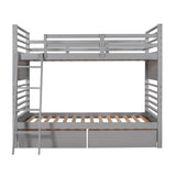 Twin over Twin Wood Bunk Bed with Two Drawers - Gray - Home Elegance USA