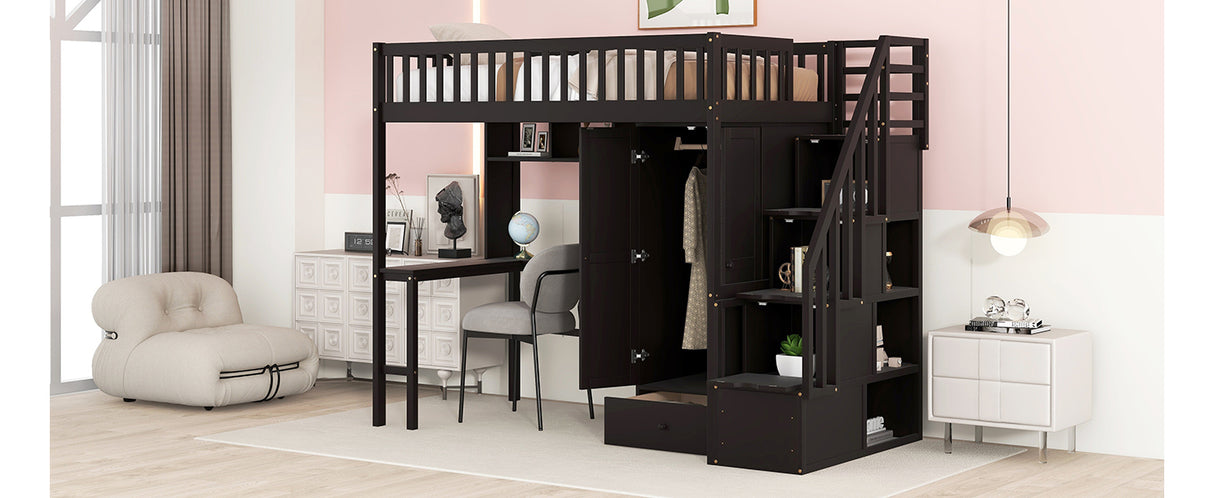 Twin size Loft Bed with Bookshelf,Drawers,Desk,and Wardrobe-Espresso - Home Elegance USA