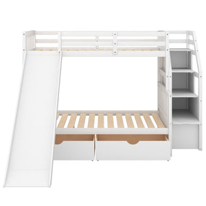 Twin over Full Bunk Bed with Drawers,Storage and Slide, Multifunction, White - Home Elegance USA