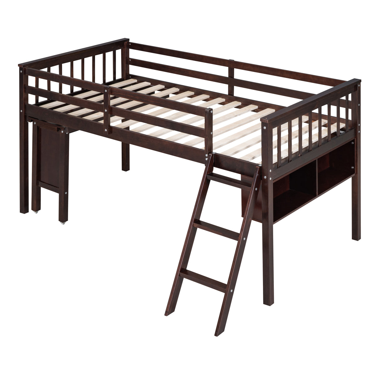 Twin Size Loft Bed With Removable Desk and Cabinet, Espresso - Home Elegance USA