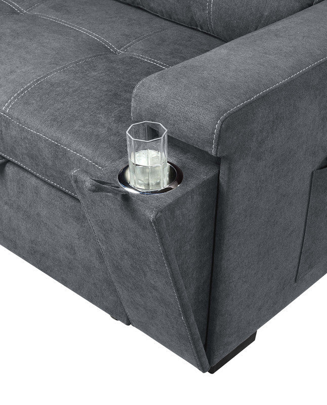 Toby Gray Woven Fabric Reversible Sleeper Sectional Sofa with Storage Chaise Cup Holder USB Ports and Pockets - Home Elegance USA