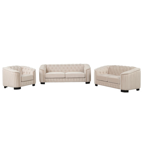 Modern 3-Piece Sofa Sets with Rubber Wood Legs,Velvet Upholstered Couches Sets Including Three Seat Sofa, Loveseat and Single Chair for Living Room Furniture Set,Beige Home Elegance USA