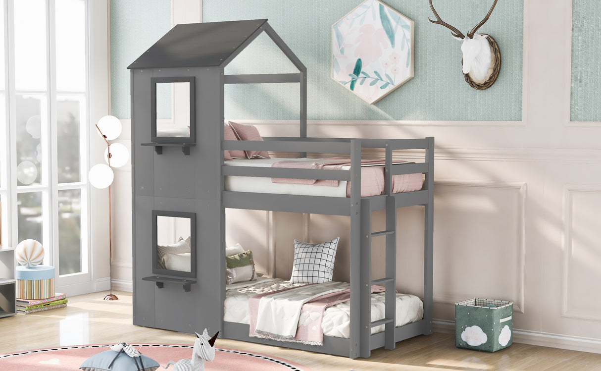 Twin Over Twin Bunk Bed Wood Bed with Roof, Window, Guardrail, Ladder (Gray) - Home Elegance USA