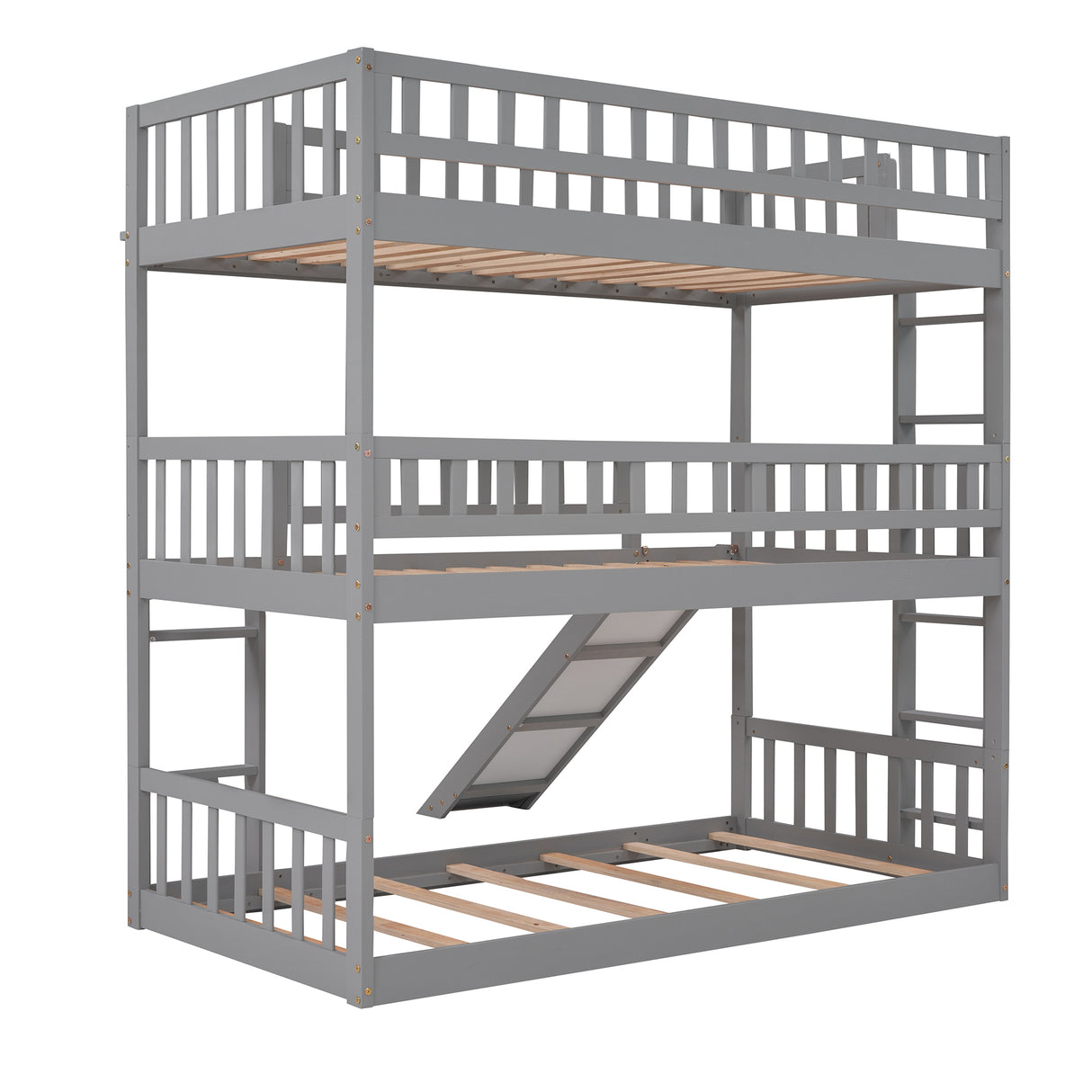 Twin-Over-Twin-Over-Twin Triple Bed with Built-in Ladder and Slide, Triple Bunk Bed with Guardrails, Gray(OLD SKU: LP000051AAE) - Home Elegance USA