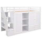 Functional Loft Bed with 3 Shelves, 2 Wardrobes and 2 Drawers,  Ladder with Storage, No Box Spring Needed, White - Home Elegance USA