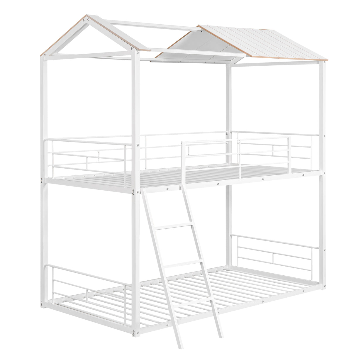 Twin Over Twin Bunk Bed Metal Bed with Half Roof, Guardrail and Ladder White - Home Elegance USA