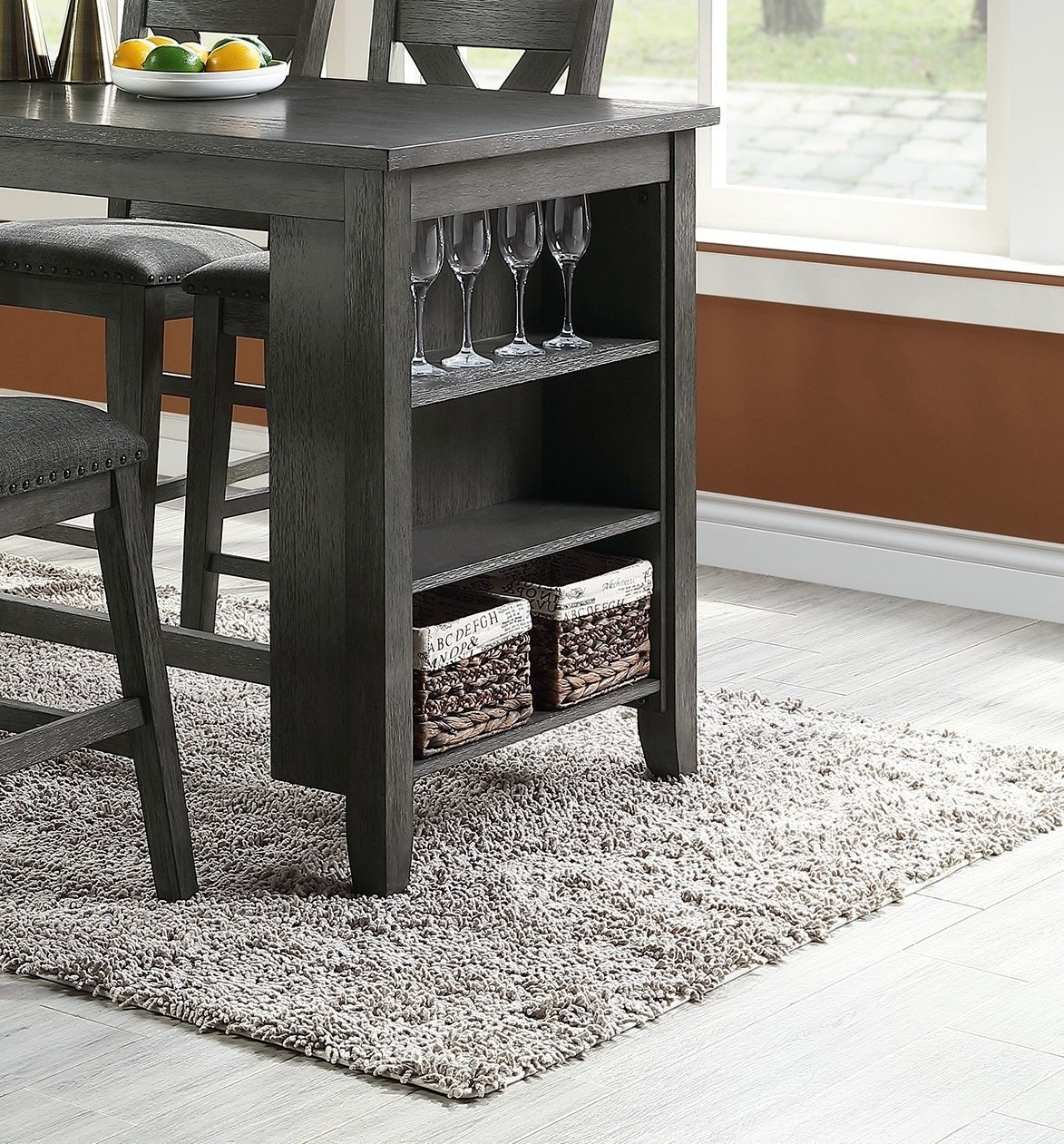 Modern Dark Brown Finish 5pc Counter Height High Dining Table w Storage Shelves 4x High Chairs Wooden Kitchen Breakfast Table Dining Room Furniture - Home Elegance USA