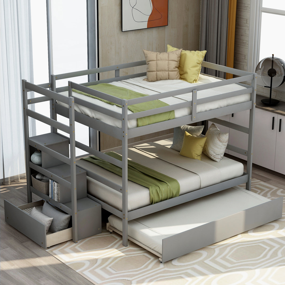 Full over Full Bunk Bed with Twin Size Trundle (Gray)(OLD SKU :LP000033AAE) - Home Elegance USA