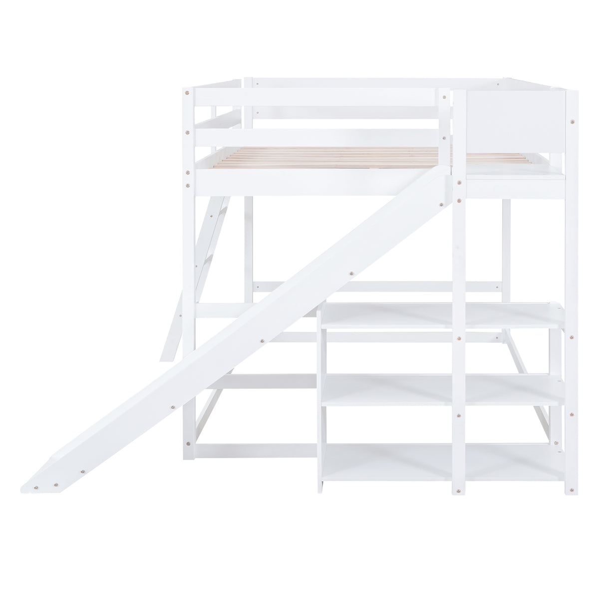 Full over Full Bunk Bed with Ladder, Slide and Shelves, White - Home Elegance USA