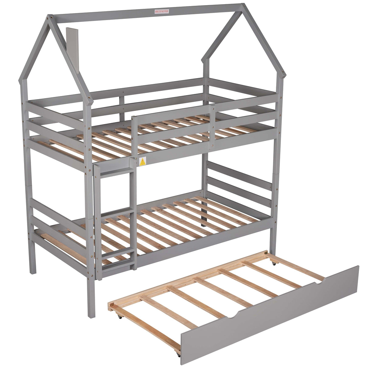 Twin over Twin House Bunk Bed with Trundle and Chimney Design,Gray - Home Elegance USA