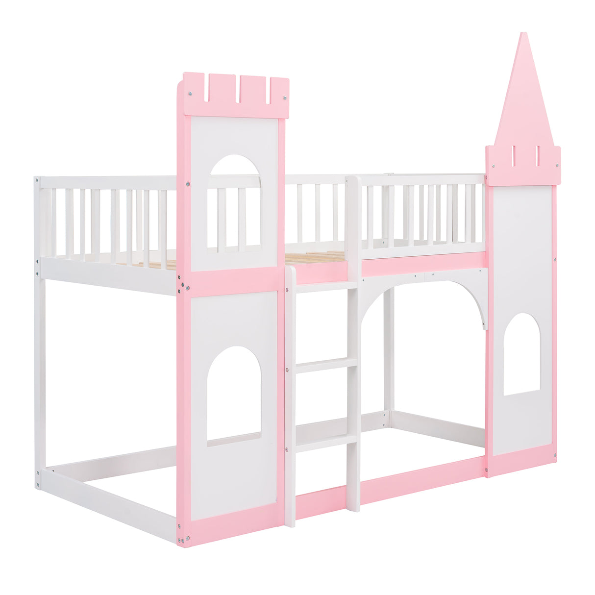 Twin Over Twin Castle Bunk Bed with Ladder - Pink - Home Elegance USA