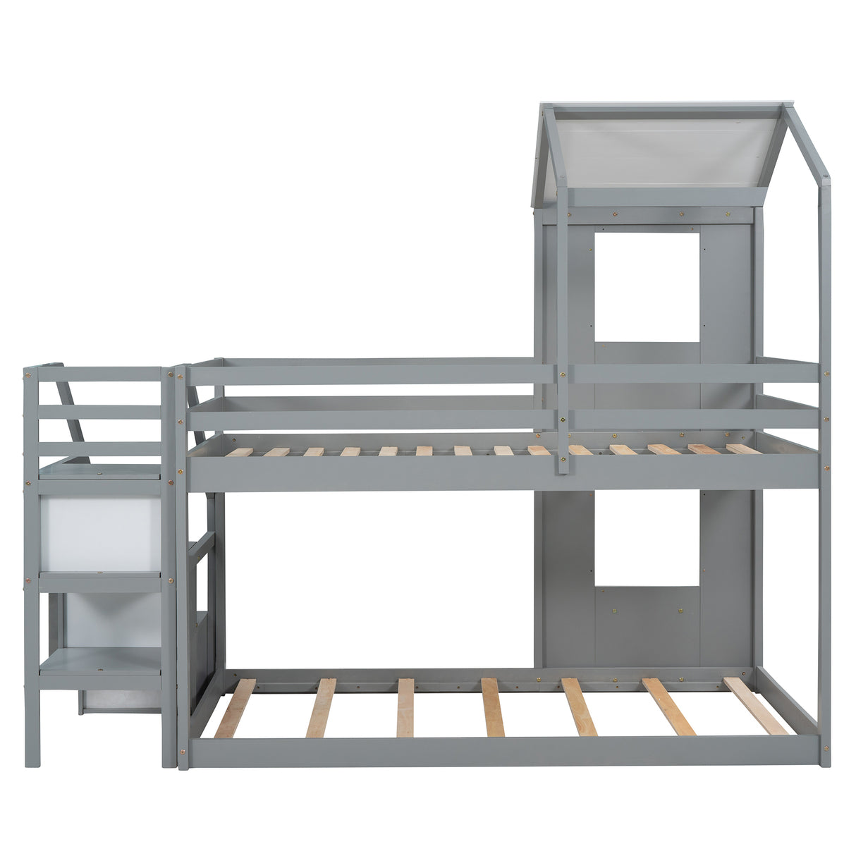 Twin Over Twin Bunk Bed with Storage Stairs,Wood Bed with Roof, Window, Guardrail, Ladder，Gray+White - Home Elegance USA