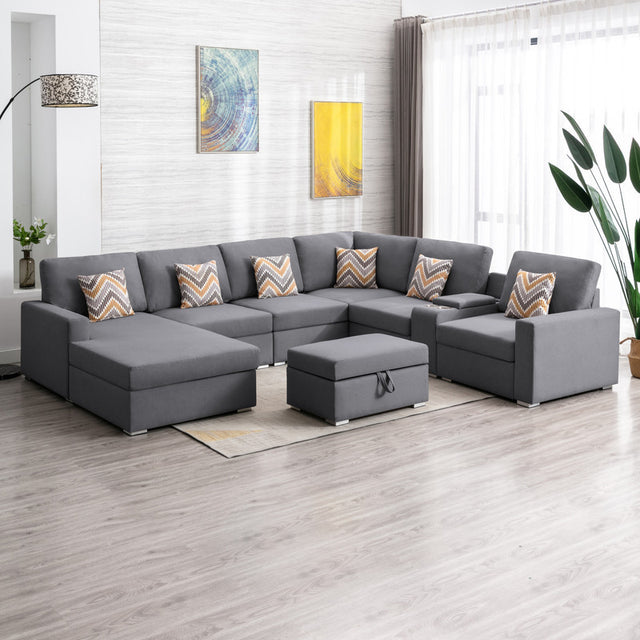 Nolan Gray Linen Fabric 8Pc Reversible Chaise Sectional Sofa with Interchangeable Legs, Pillows, Storage Ottoman, and a USB, Charging Ports, Cupholders, Storage Console Table - Home Elegance USA