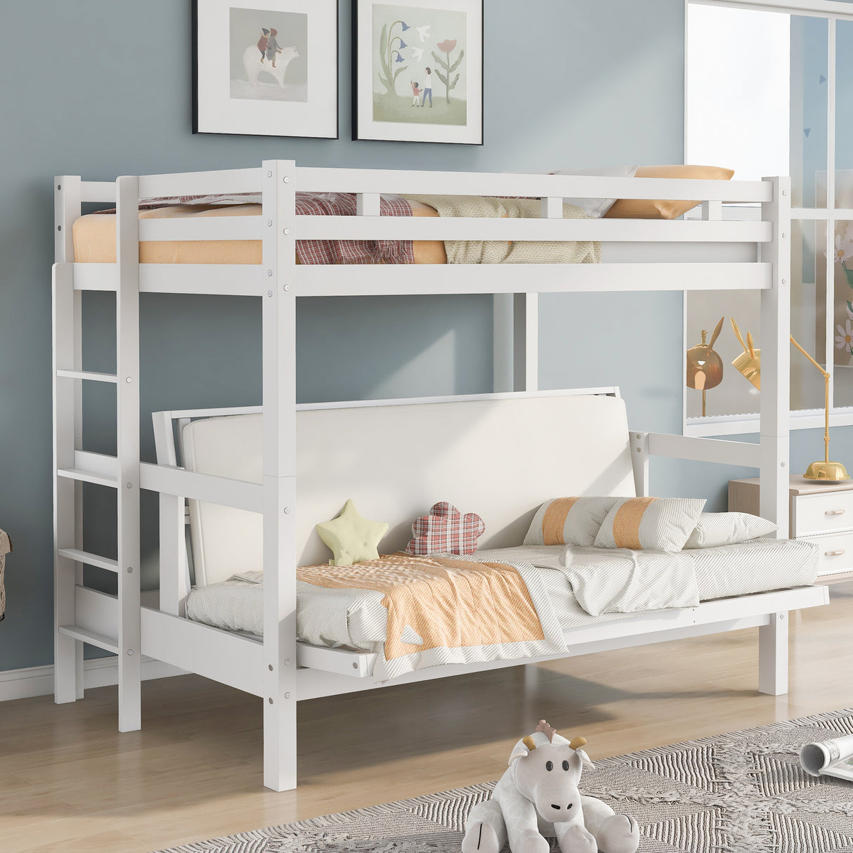 Twin over Full Bunk Bed,Down Bed can be Converted into Daybed,White - Home Elegance USA