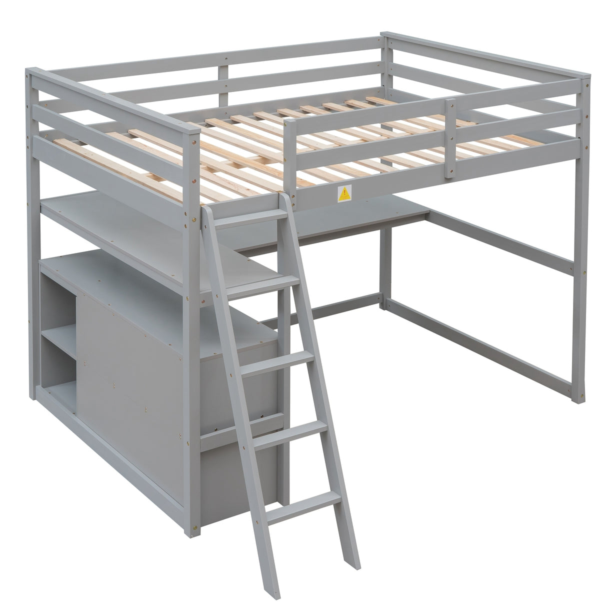 Full Size Loft Bed with Desk and Shelves,Two Built-in Drawers,Gray - Home Elegance USA