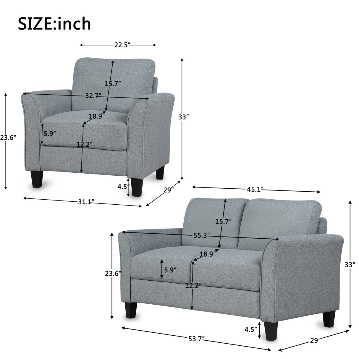 Living Room Furniture Armrest Single Sofa   and Loveseat Sofa (Gray) Home Elegance USA