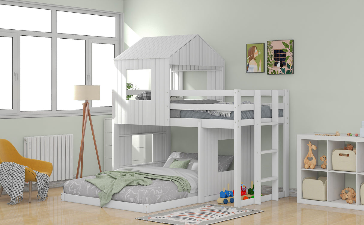 Wooden Twin Over Full Bunk Bed, Loft Bed with Playhouse, Farmhouse, Ladder and Guardrails, White( old sku: LT000027AAK ) - Home Elegance USA