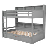 Twin Size Bunk Bed with Built-in Shelves Beside both Upper and Down Bed and Storage Drawer,Gray - Home Elegance USA