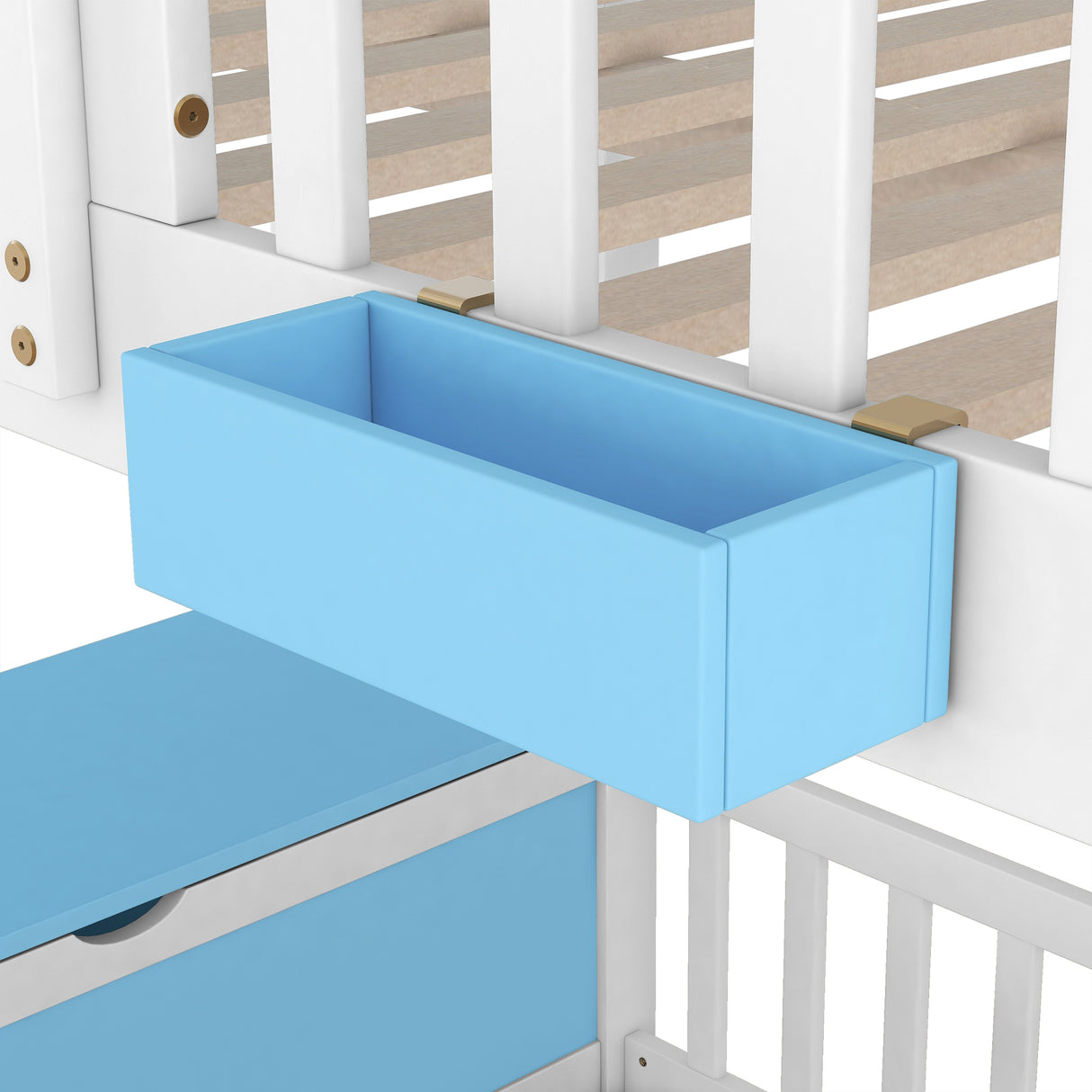 Twin over Twin Bunk Bed with Twin Size Trundle , Farmhouse Bed with Storage Box and Drawer - Blue - Home Elegance USA