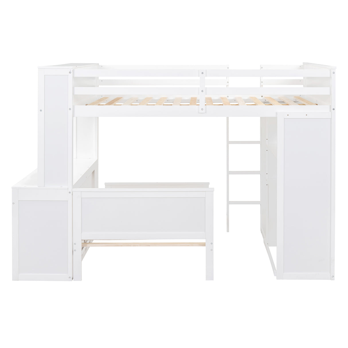 Full size Loft Bed with a twin size Stand-alone bed, Shelves,Desk,and Wardrobe-White - Home Elegance USA