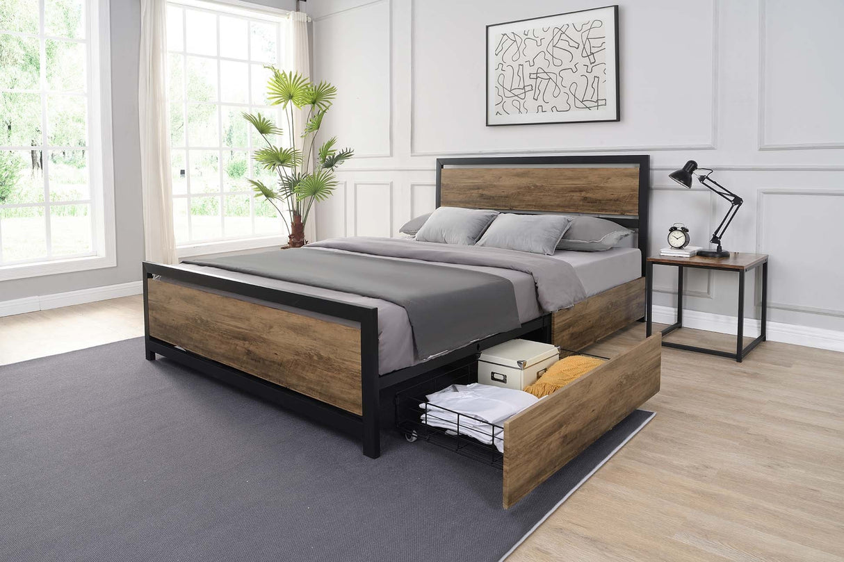Industrial Wood and Metal Bed Platform with 4 Storage Drawers and Headboard, No Box Spring Needed, Queen Size, Light Brown - Home Elegance USA