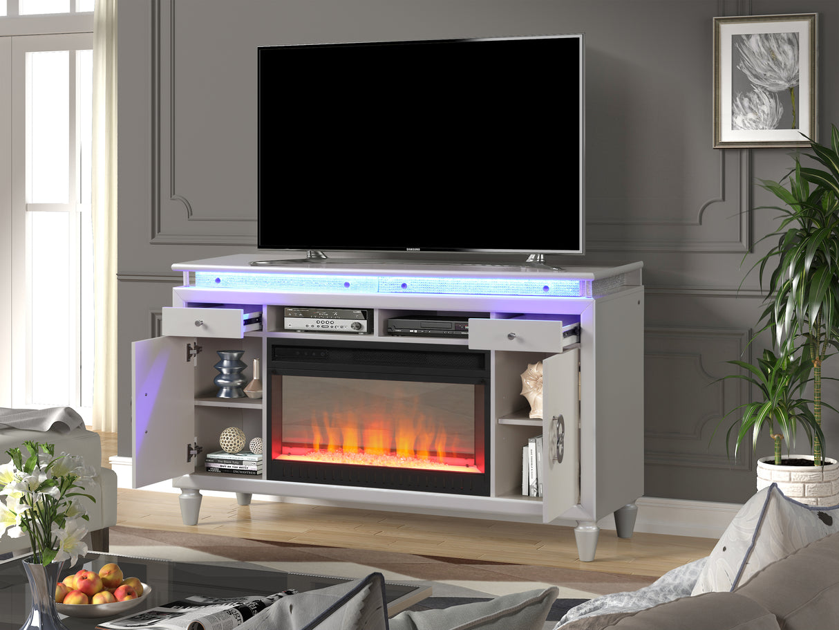 Perla TV Stand With Electric Fireplace in Milky White Home Elegance USA