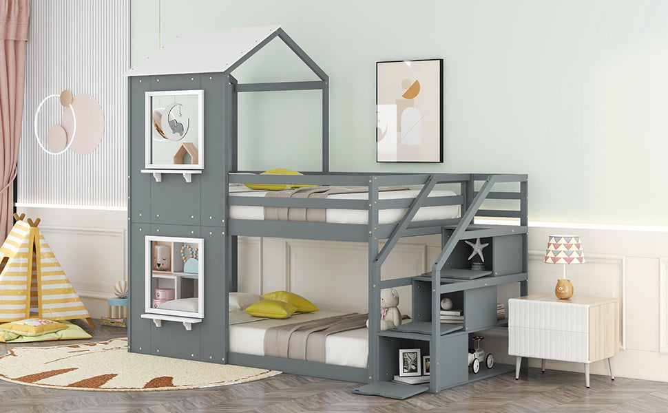 Twin Over Twin Bunk Bed with Storage Stairs,Wood Bed with Roof, Window, Guardrail, Ladder，Gray+White - Home Elegance USA