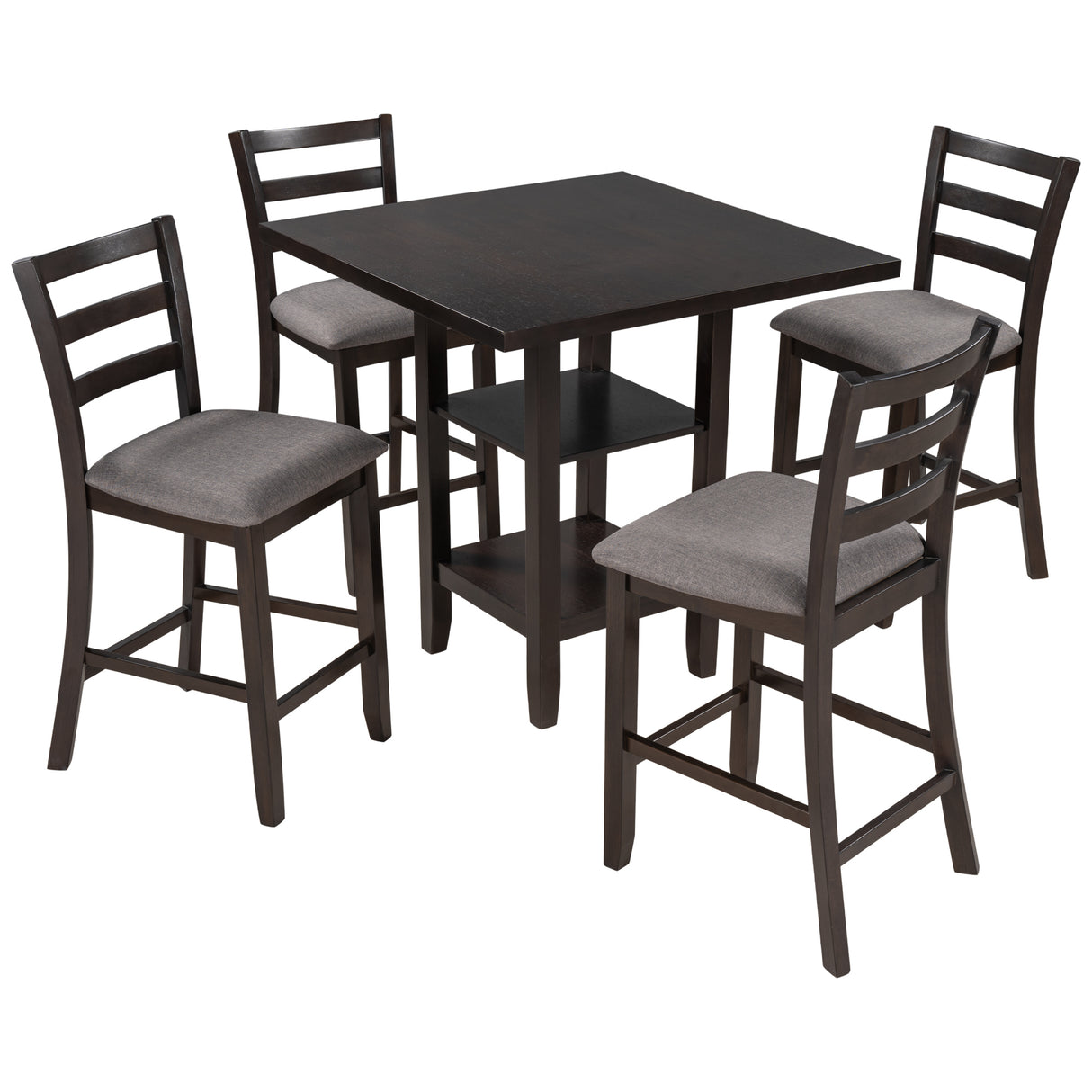 TREXM 5-Piece Wooden Counter Height Dining Set with Padded Chairs and Storage Shelving (Espresso) - Home Elegance USA