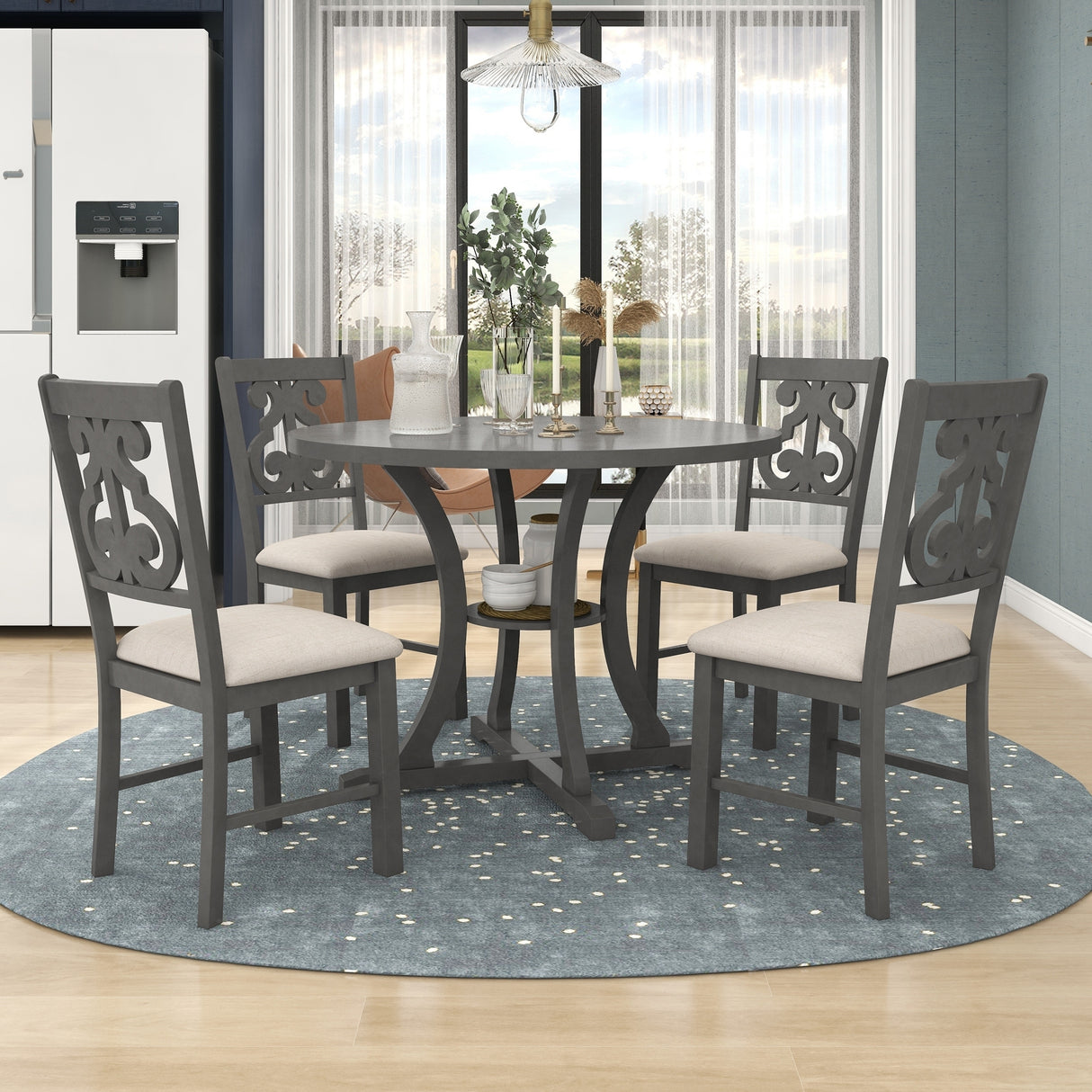 TREXM 5-Piece Round Dining Table and Chair Set with Special-shaped Legs and an Exquisitely Designed Hollow Chair Back for Dining Room (Gray) - Home Elegance USA