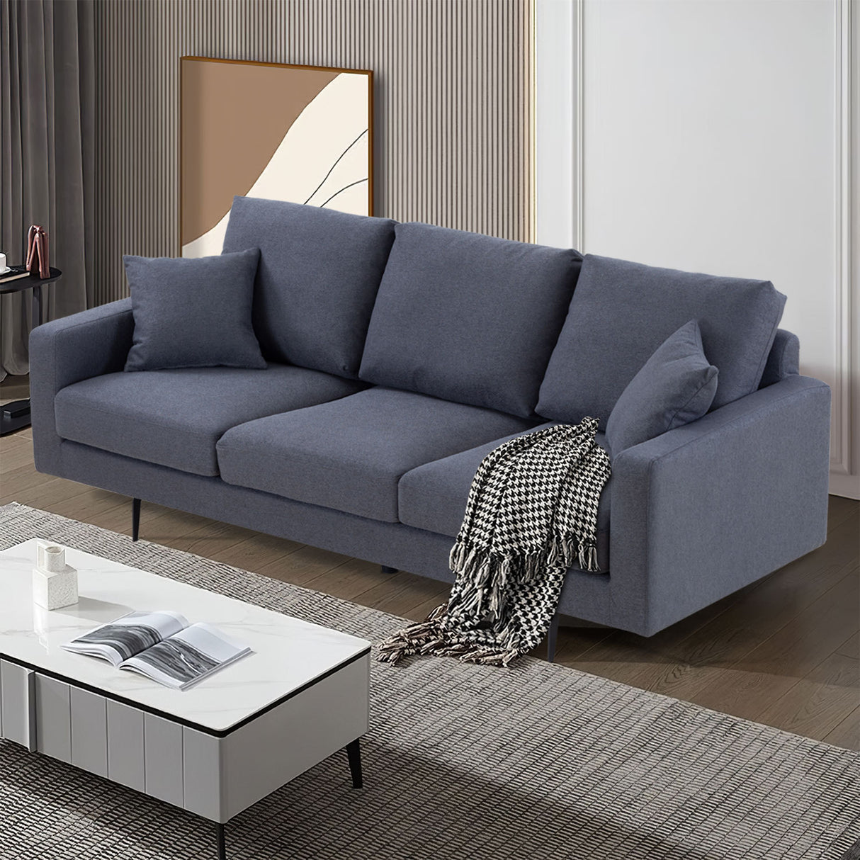 Modern Grey Three-Seat Sofa with Thick Sponge and Two Pillows, 87.40inch Home Elegance USA