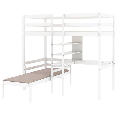 Convertible Loft Bed with L-Shape Desk, Twin Bunk Bed with Shelves and Ladder, White(OLD SKU:SM000209AAK-1) - Home Elegance USA