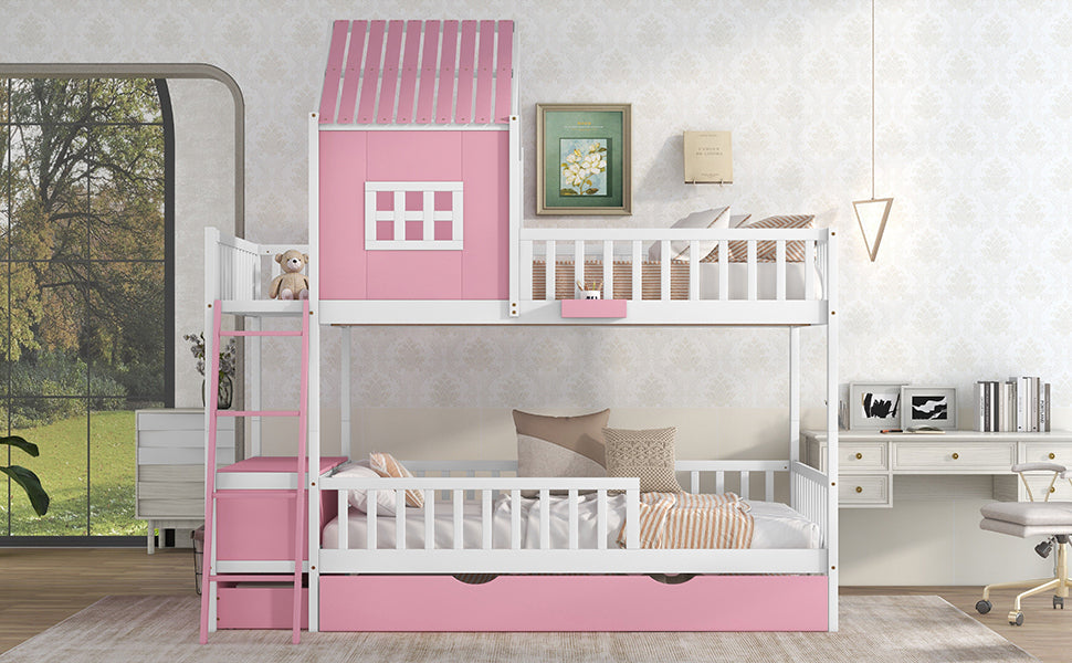 Full over Full Bunk Bed with Twin Size Trundle , Farmhouse Bed with Storage Box and Drawer - Pink - Home Elegance USA