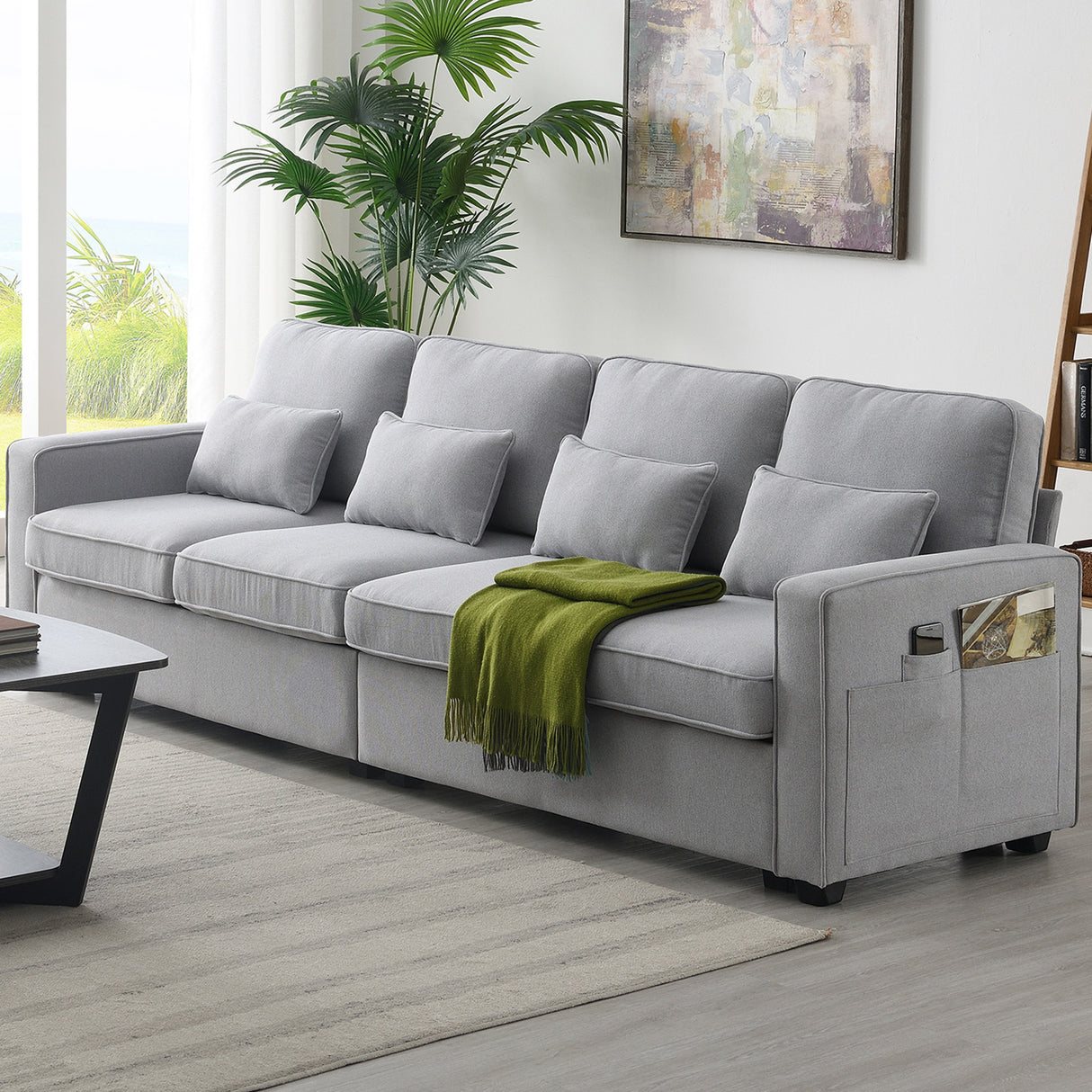 [VIDEO provided] [New] 104" 4-Seater Modern Linen Fabric Sofa with Armrest Pockets and 4 Pillows,Minimalist Style Couch for Living Room, Apartment, Office,3 Colors - Home Elegance USA